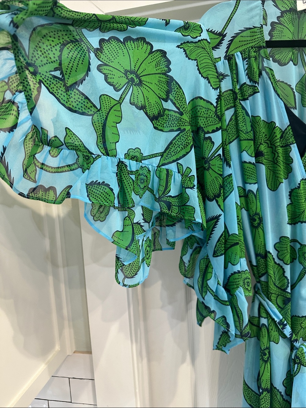 CAbi Green & Aqua Botanical Silk-Feel wrap Dress! - Picture 4 of 6